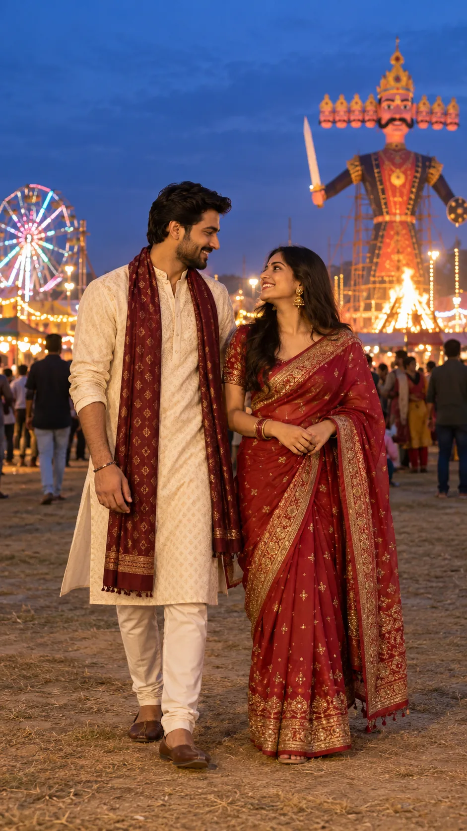 Couple standing together under festival lights