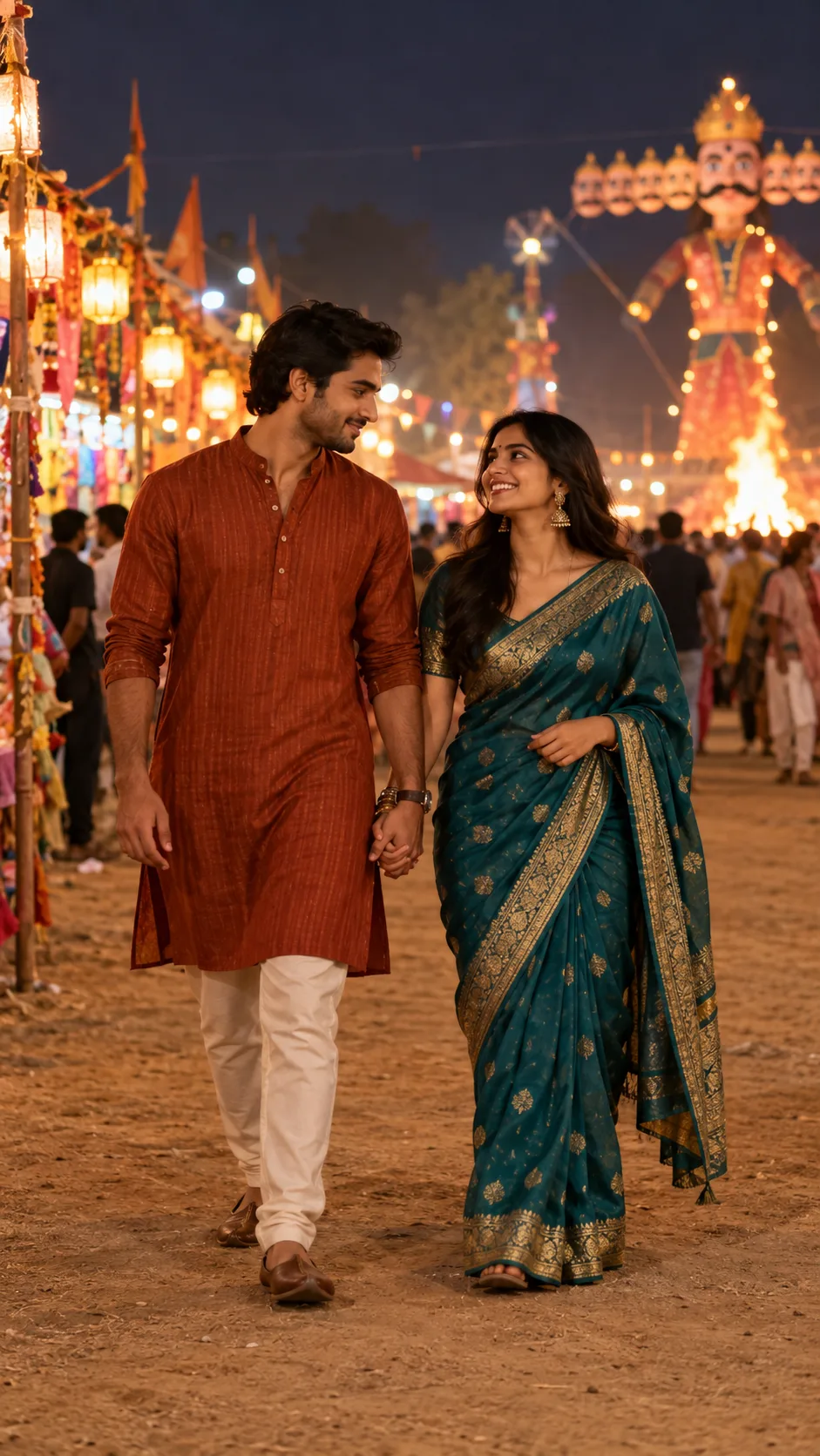 Couple walking hand in hand through a Dussehra fair