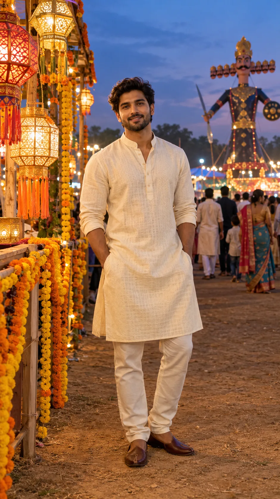 Man in a cream kurta beside festival lanterns
