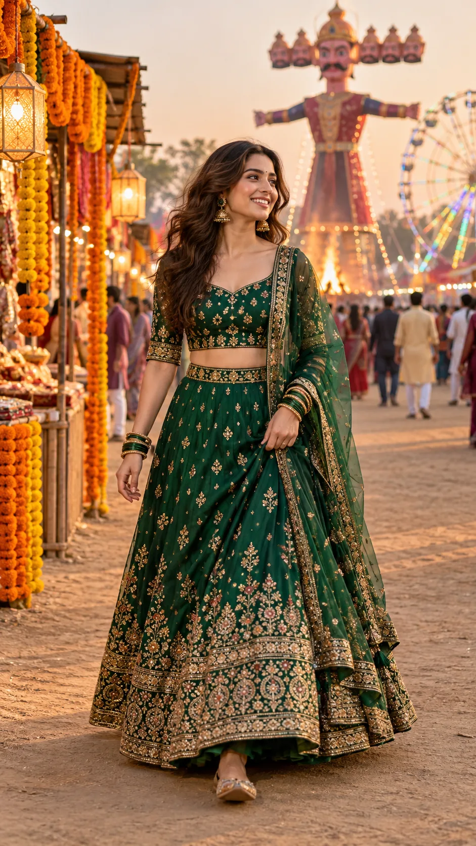 Woman in emerald festive attire walking through a fair
