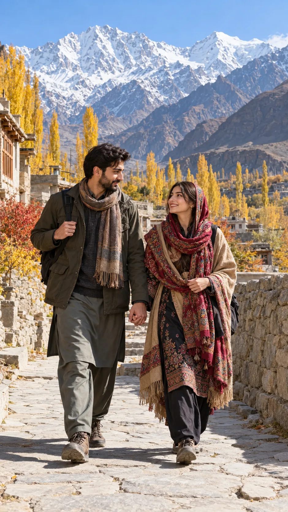 Couple walking along a village path in Hunza