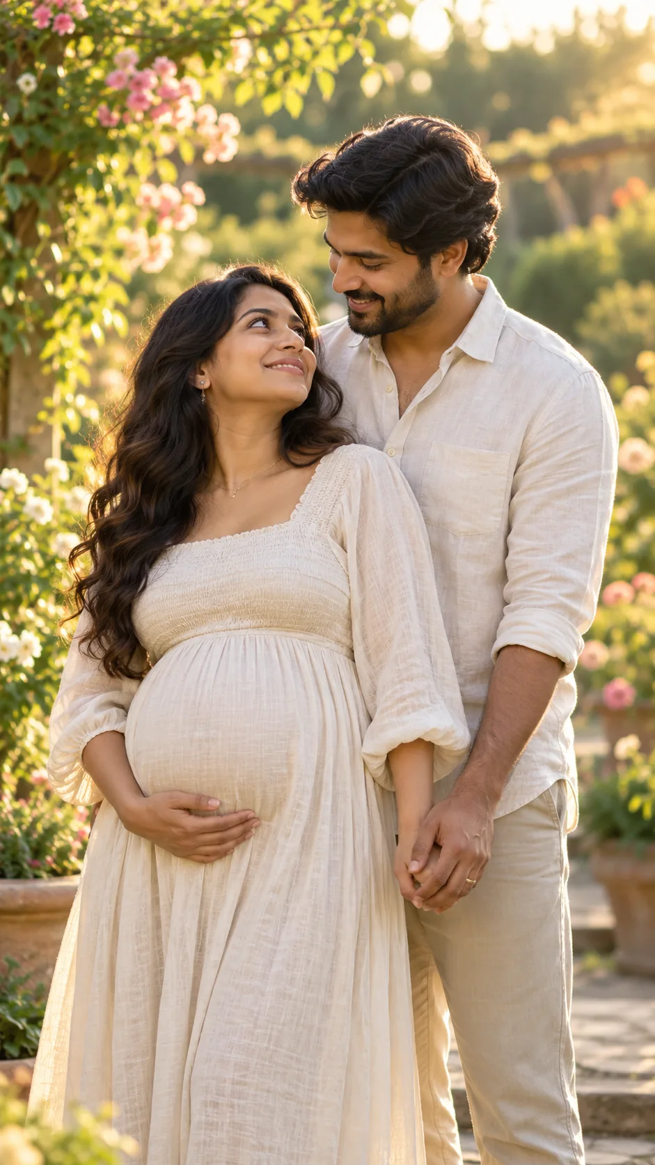 Expectant couple in a flowering garden