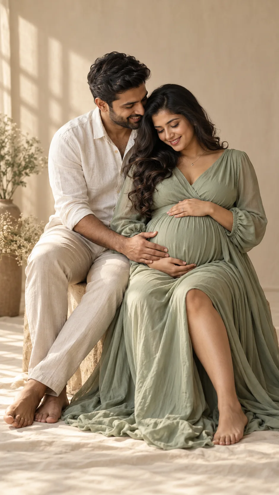 Expectant couple in a softly lit portrait studio